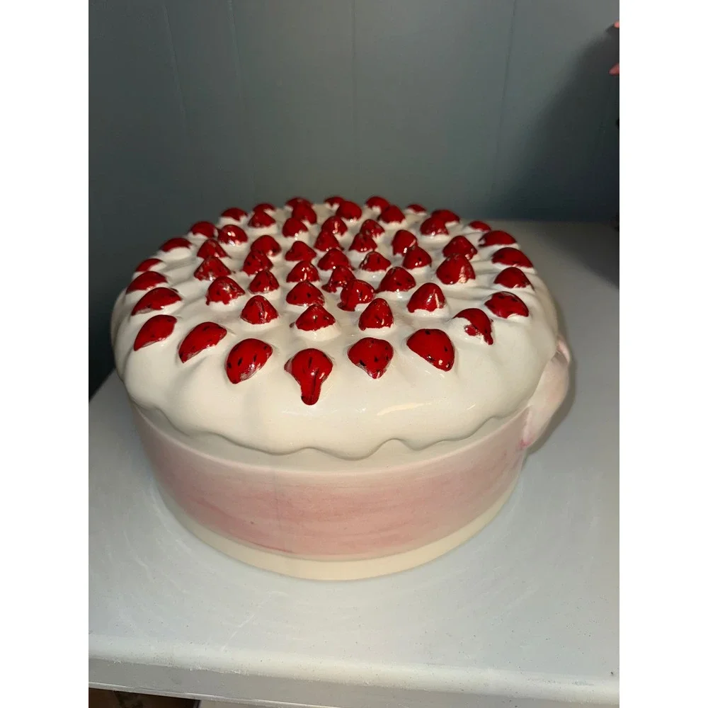 Ceramic Strawberry Cake Top Cover Pink Bow White Frosting Kitschy Kitchen Decor